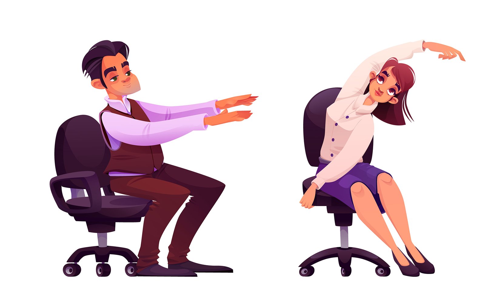 People stretching in office isolated on white background. Vector cartoon illustration of man and woman doing yoga workout on break to relax sitting in armchair, healthy lifestyle, fitness at workplace