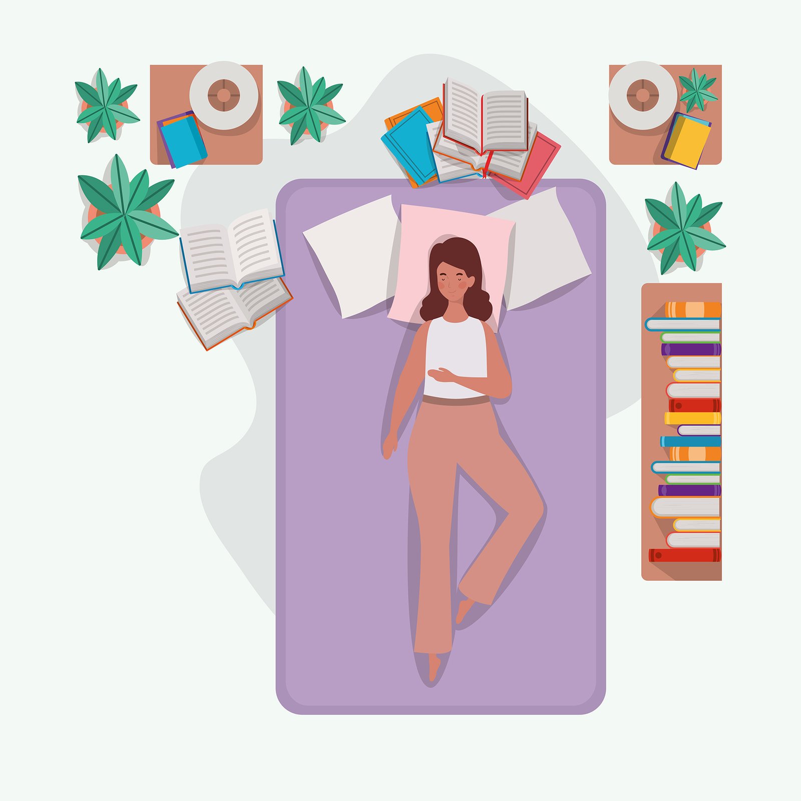 young woman relaxing in mattress in the bedroom vector illustration design